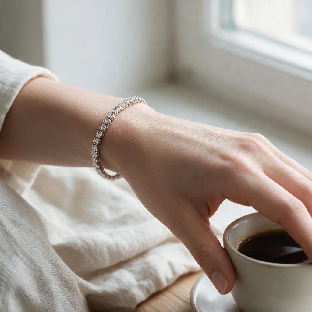 Bee-Bees moissanite tennis bracelet in 925 sterling silver worn on a wrist while holding a coffee cup by a window.