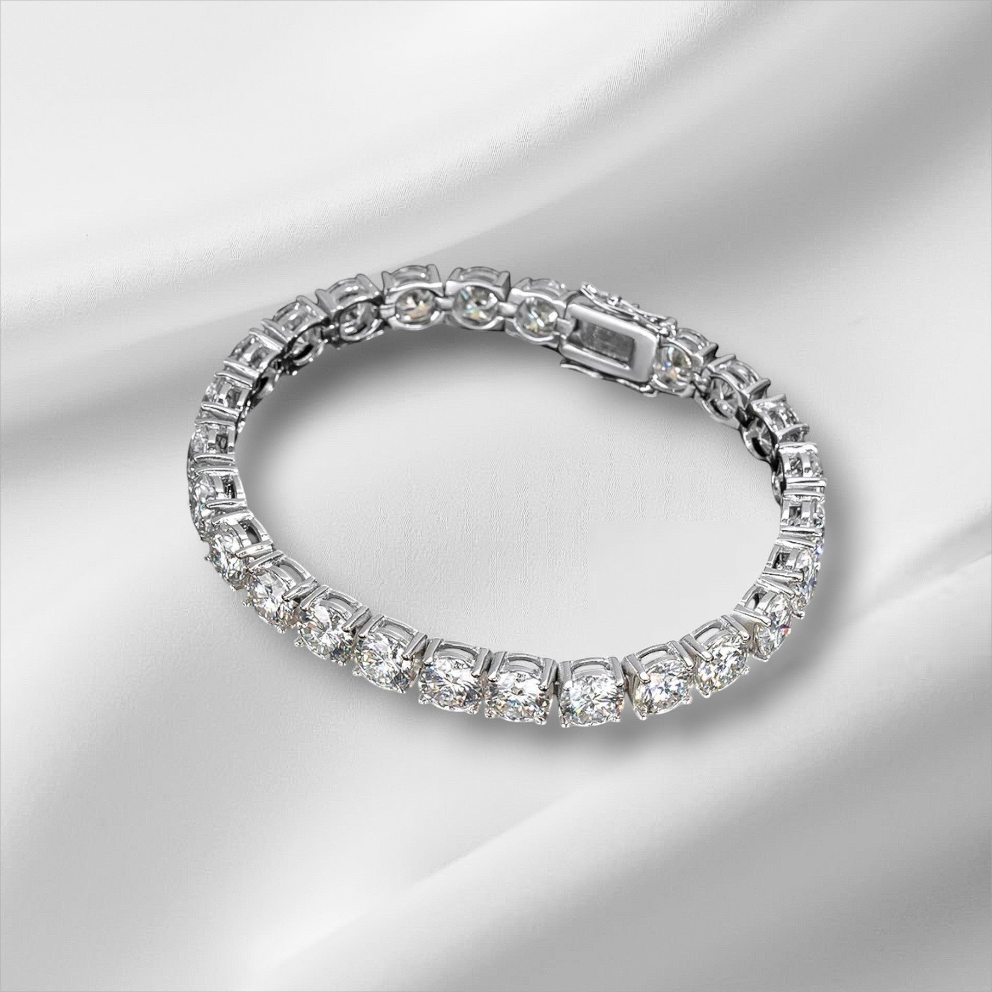 Bee-Bee's 6.5mm D Color Moissanite tennis bracelet in s925 Sterling Silver with 4-prong setting.