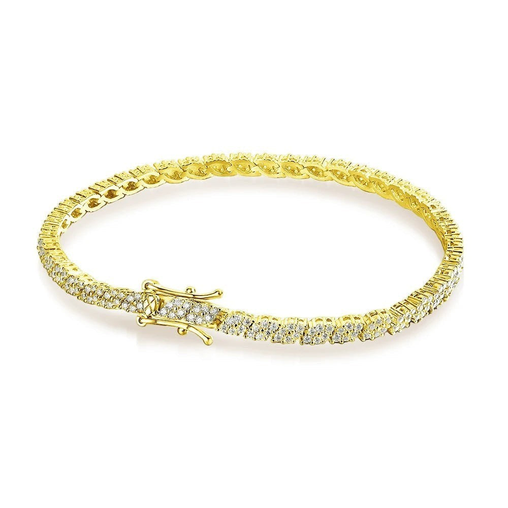 Bee-Bees 2mm D Color Moissanite Tennis Bracelet in yellow gold plated S925 Sterling Silver with a secure clasp.