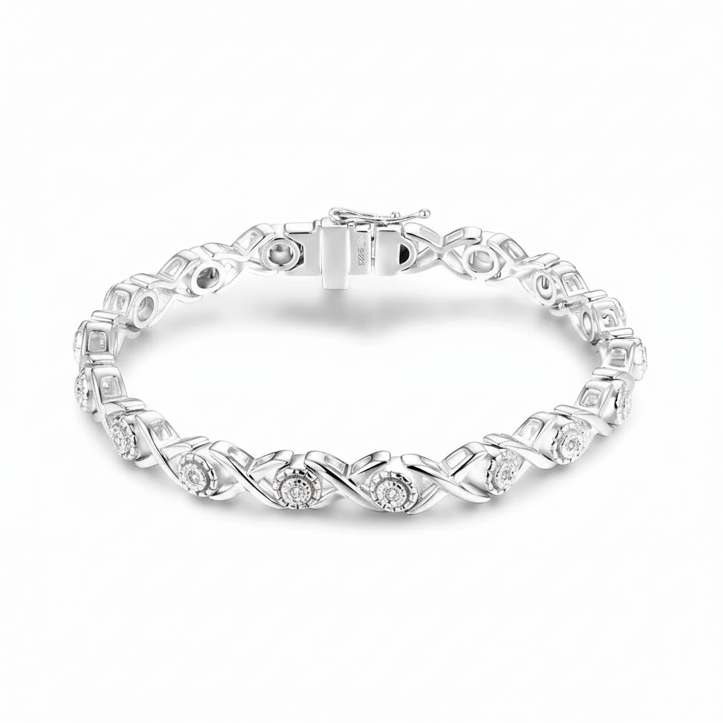 Bee-Bees D color VVS1 moissanite tennis bracelet in rhodium-plated 925 sterling silver with X-link design