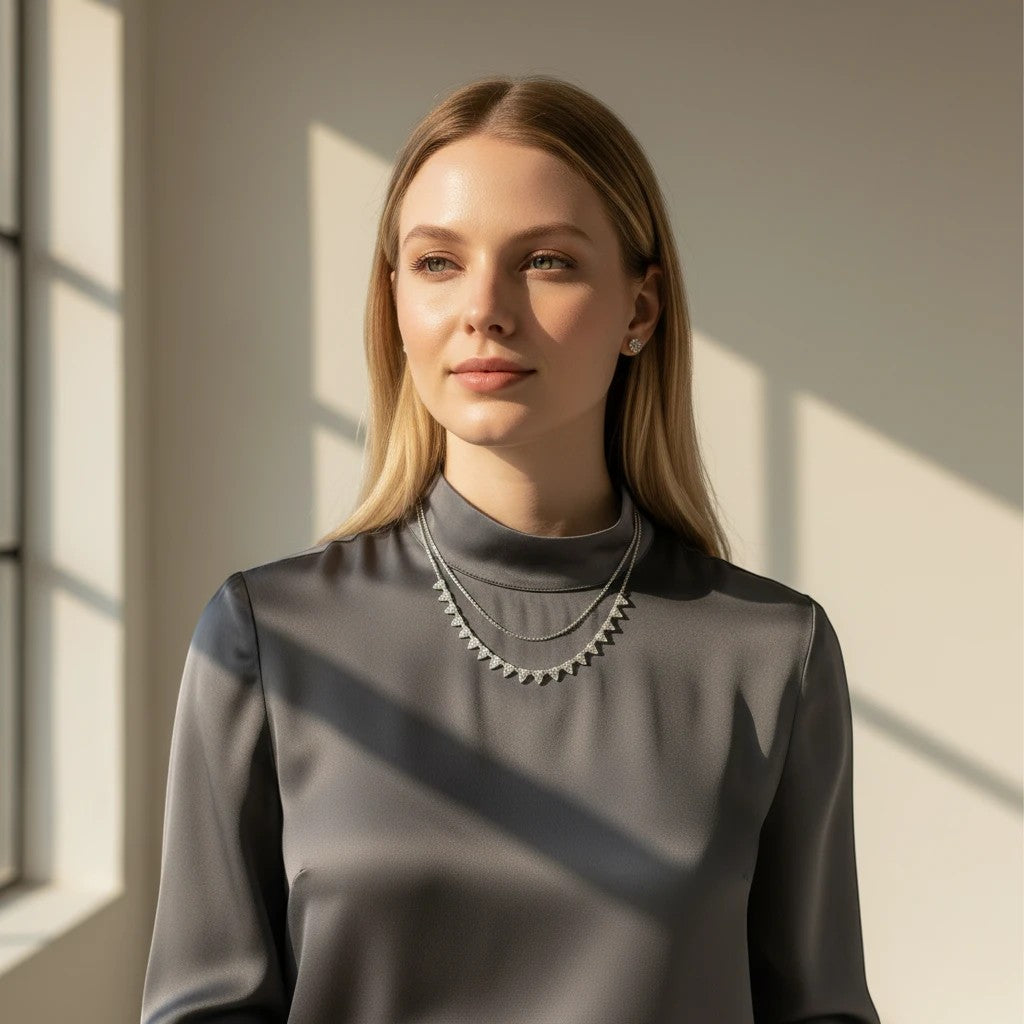 Bee-Bees Moissanite tennis necklace with 3-claw setting, 2mm/3mm D Color VVS1 stones on 925 silver.