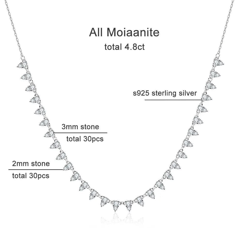 Bee-Bees Moissanite tennis necklace with 3mm and 2mm stones, 3-claw setting, 925 sterling silver, 4.8ct total.