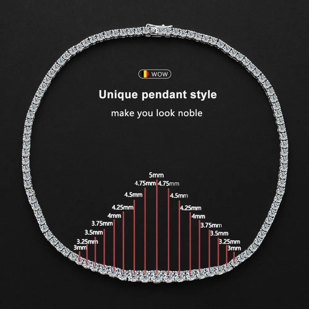 Bee-Bee's 5mm Moissanite tennis necklace with D VVS1 clarity, S925 silver and gold plating. Features a classic iced-out hip-hop style.