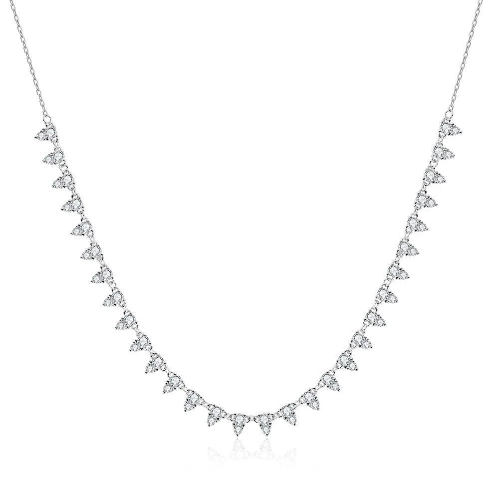 Bee-Bees 2mm Moissanite tennis necklace in 925 silver with 3-claw setting and D color VVS1 stones.