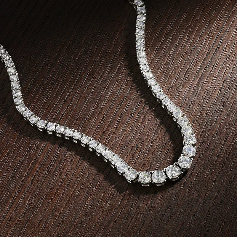 Bee-Bee's 5mm Moissanite tennis necklace with D VVS1 clarity stones set in S925 silver with gold plating.