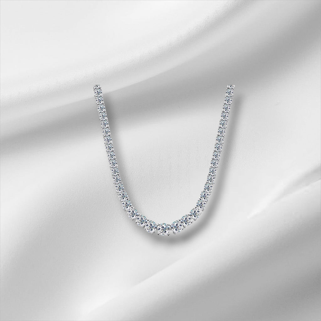 Bee-Bee's 5mm D VVS1 Moissanite tennis necklace in S925 silver with gold plating, featuring round brilliant cut stones.