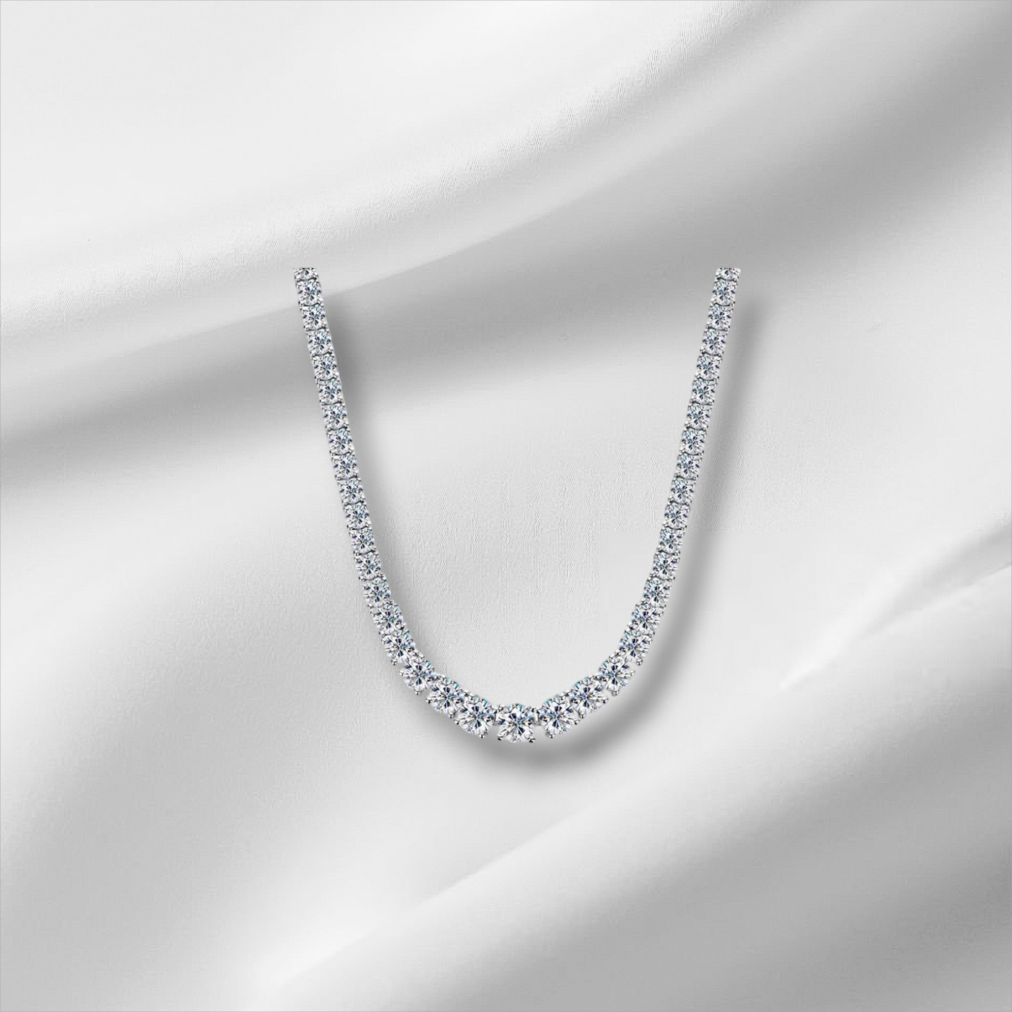 Bee-Bee's 5mm D VVS1 Moissanite tennis necklace in S925 silver with gold plating, featuring round brilliant cut stones.