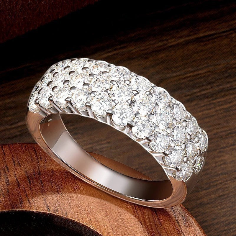 Bee-Bees D Color VVS1 Moissanite triple row half eternity band in S925 sterling silver with 18k white gold plating.