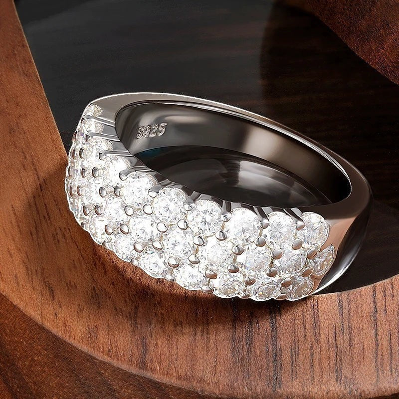 Bee-Bees D Color VVS1 Moissanite triple row half eternity band in S925 sterling silver with 18k white gold plating.