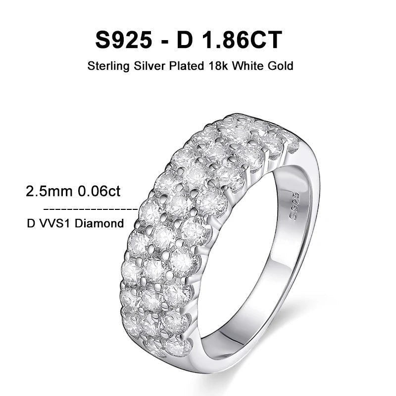 Bee-Bees D Color VVS1 Moissanite triple row half eternity band in sterling silver with 18k white gold plating.