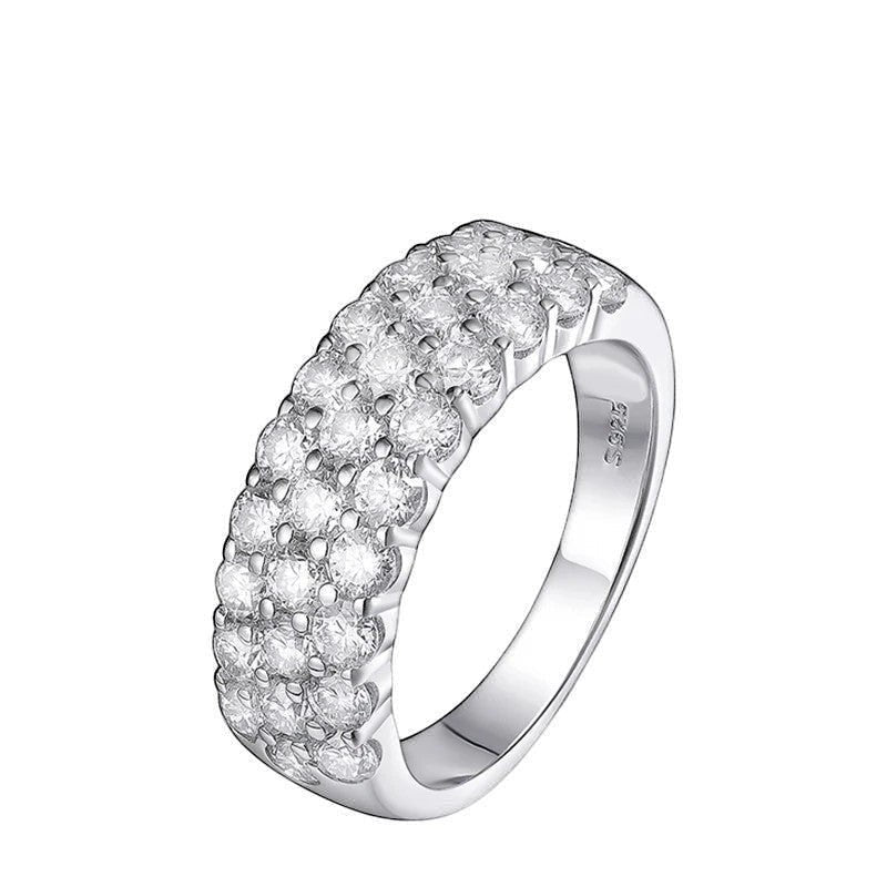 Bee-Bees D Color VVS1 Moissanite triple row half eternity band in S925 sterling silver with 18k white gold plating.