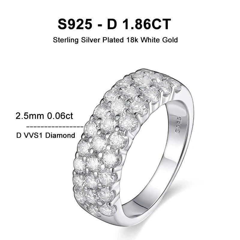 Bee-Bees D Color VVS1 Moissanite triple row half eternity band in sterling silver with 18k white gold plating.