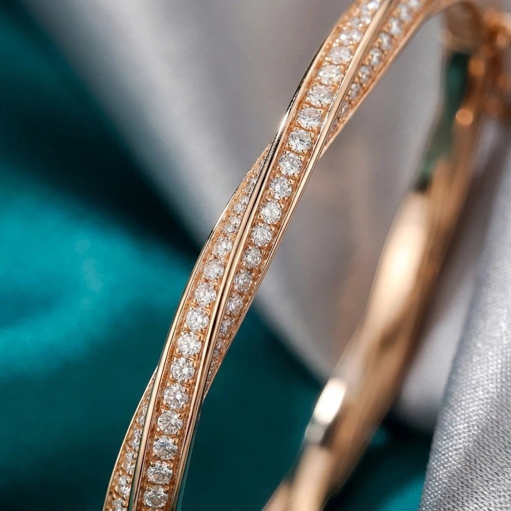 Bee-Bees rose gold twisted bangle bracelet with D VVS1 moissanite stones and hidden clasp.