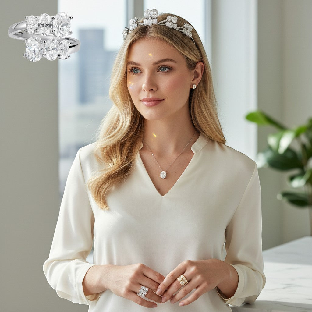 Bee-Bees 3.6CT oval moissanite engagement ring in S925 sterling silver with 18K white gold plating.
