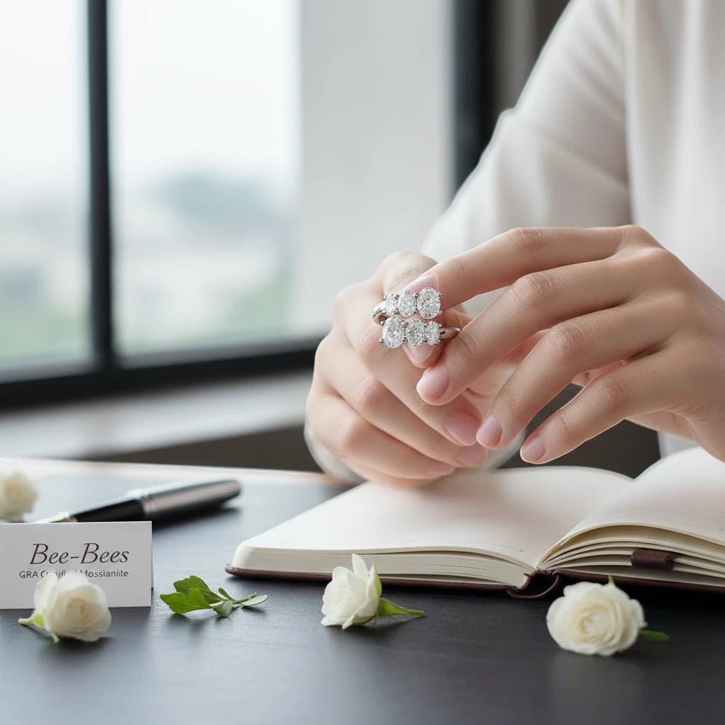 Bee-Bees sterling silver engagement ring with three oval moissanite stones, 18K white gold plated.