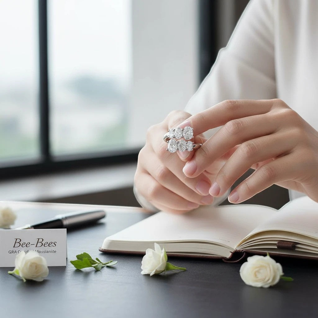 Bee-Bees sterling silver engagement ring with three oval moissanite stones, 18K white gold plated.