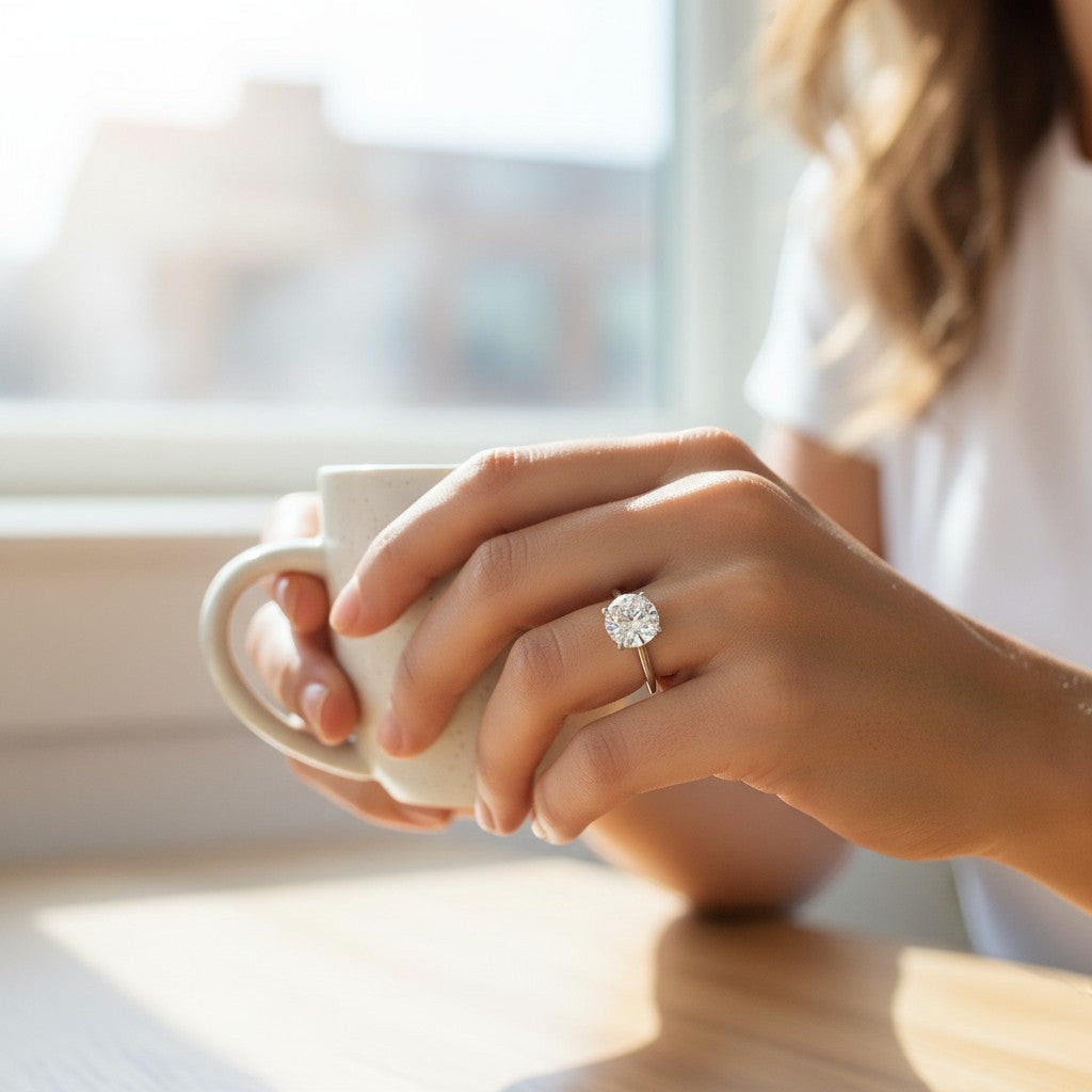 Bee-Bees 2CT oval moissanite engagement ring in 925 sterling silver worn on a woman's finger holding a coffee mug.