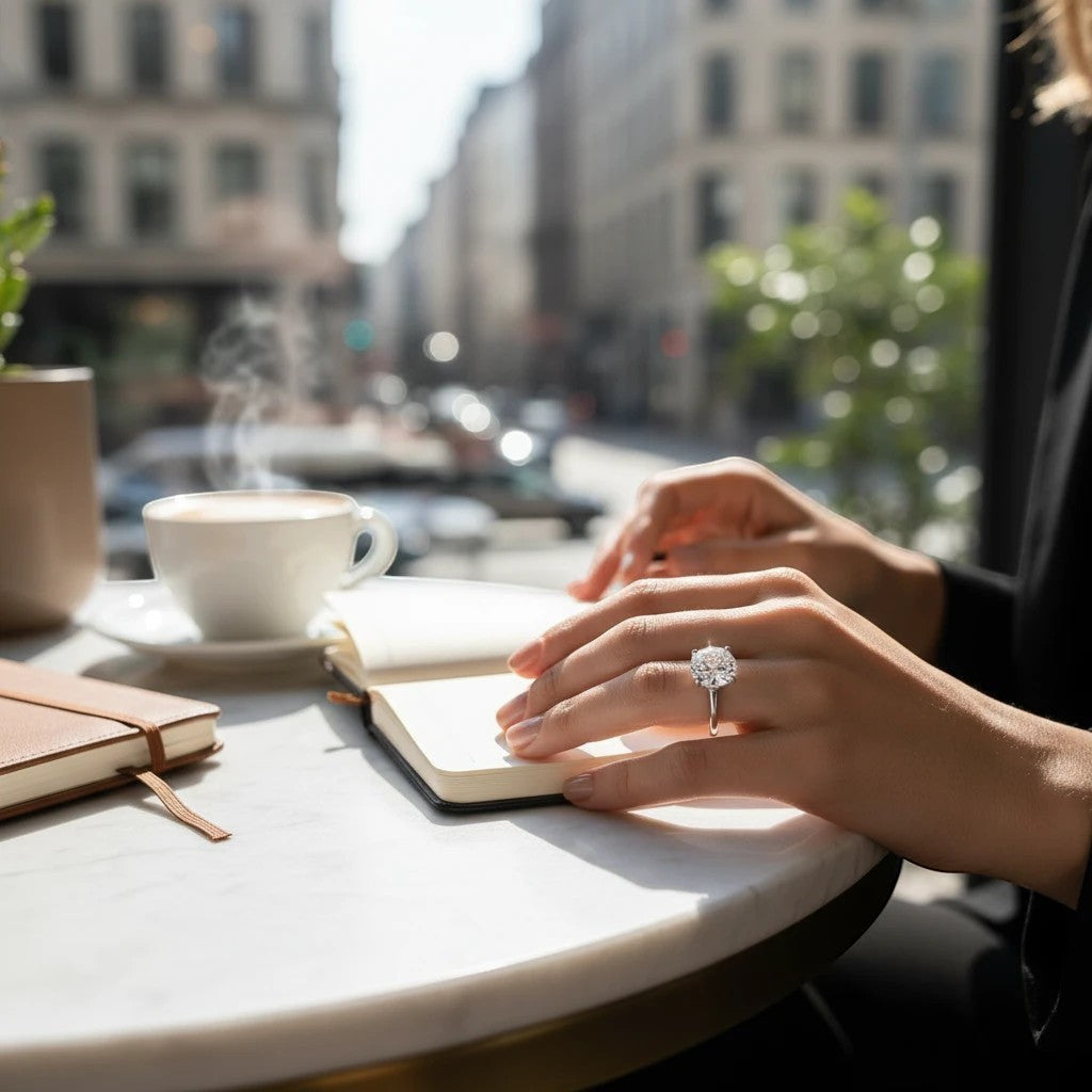 Bee-Bees 2CT oval moissanite engagement ring in sterling silver worn on a hand at a cafe table with coffee.