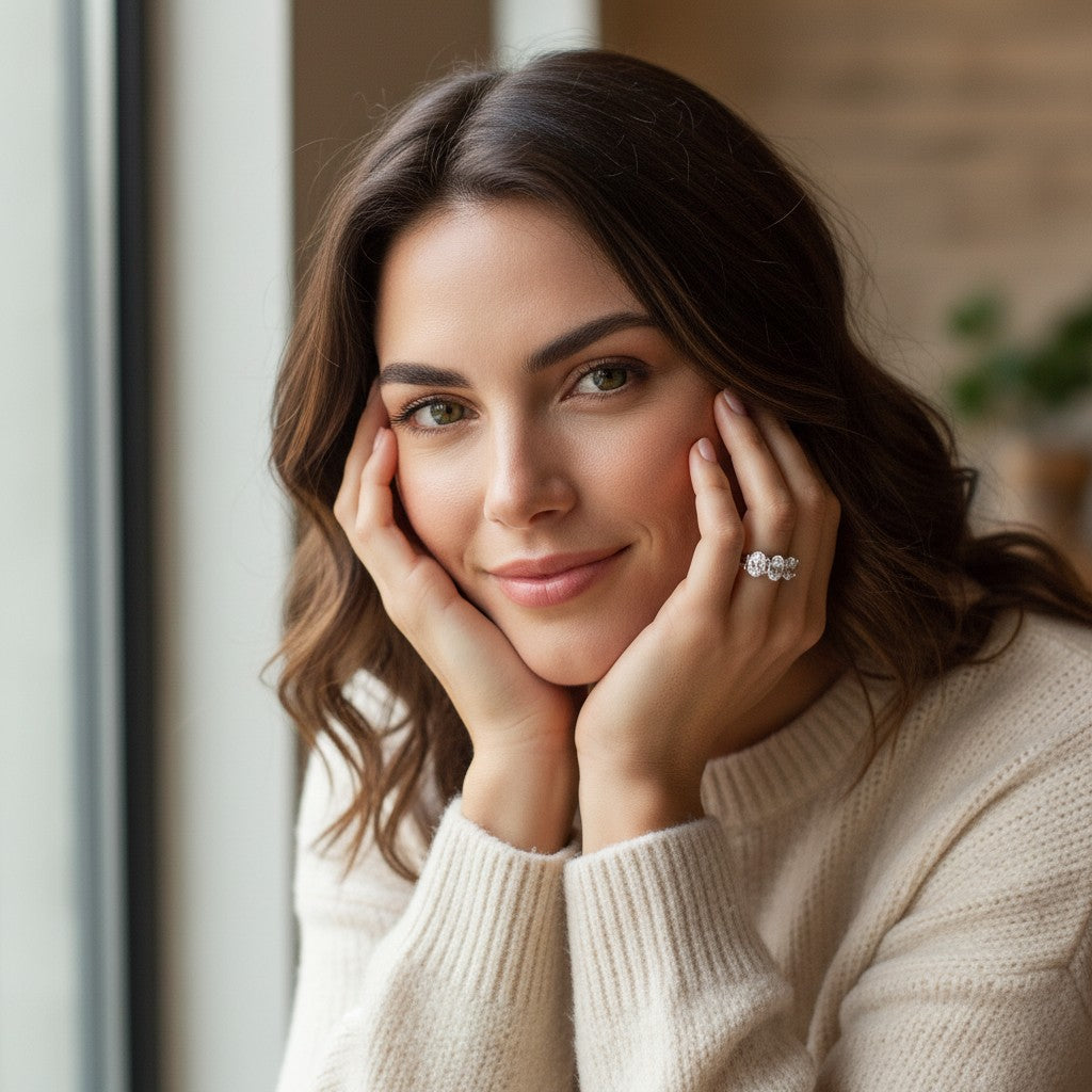 Bee-Bees oval cut moissanite eternity ring in sterling silver worn by a woman with hands framing her face