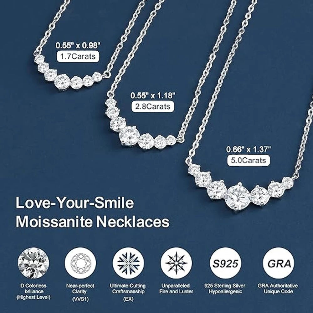 Bee-Bee's Sterling silver necklace with 5 oval moissanite stones in graduating sizes, 18K white gold plated.