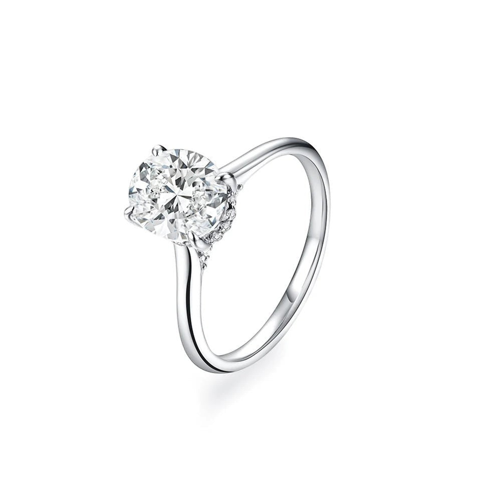 Bee-Bees 2CT oval-cut moissanite engagement ring in rhodium-plated 925 sterling silver with a classic 4-prong setting.