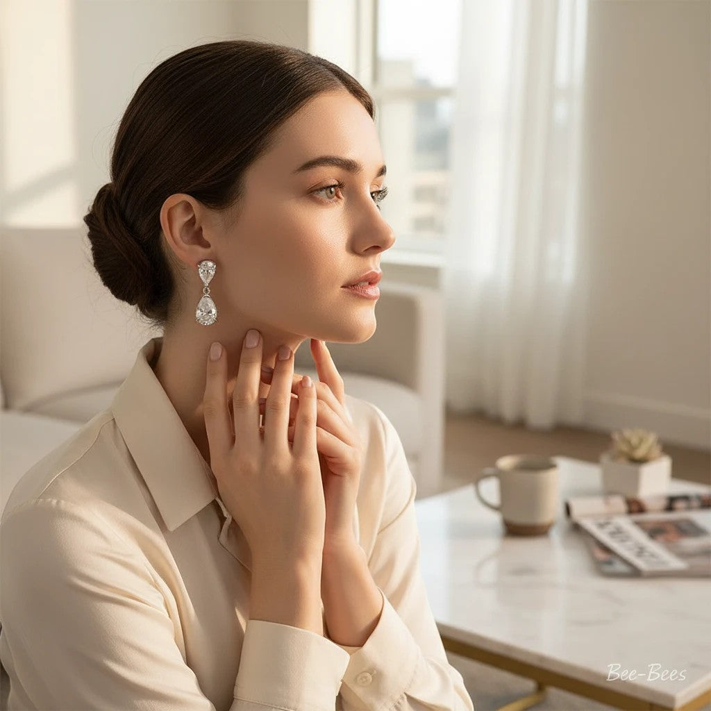 Bee-Bees pear-cut moissanite drop earrings in sterling silver worn by a woman in a bright, elegant setting.