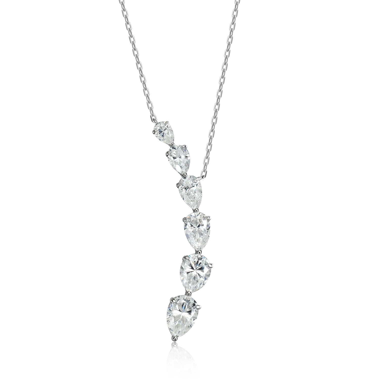 Bee-Bee's 7.6ct pear cut moissanite necklace with 5 graduated stones on a silver chain.