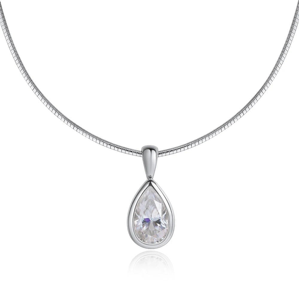 Bee-Bee's 3ct pear cut moissanite pendant necklace, D color, VVS1 clarity, S925 sterling silver with 18k gold plating.