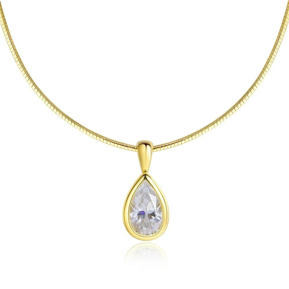 Bee-Bee's 3ct pear cut moissanite pendant necklace with D color, VVS1 clarity, on an 18k gold plated sterling silver chain.
