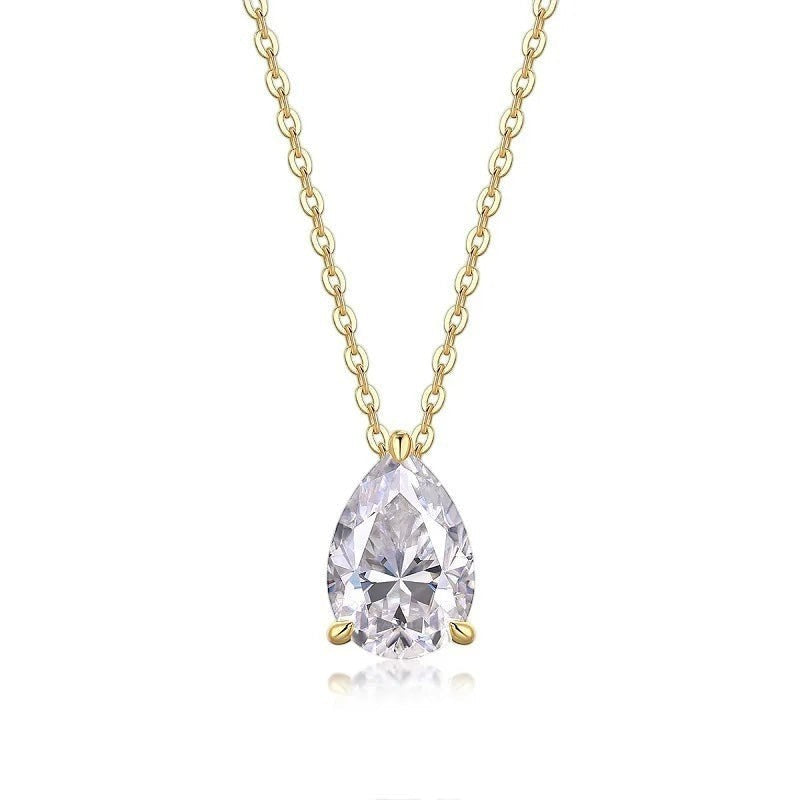 Bee-Bees 1-5ct pear cut moissanite pendant necklace, D color, VVS1 clarity, 18k gold plated sterling silver.