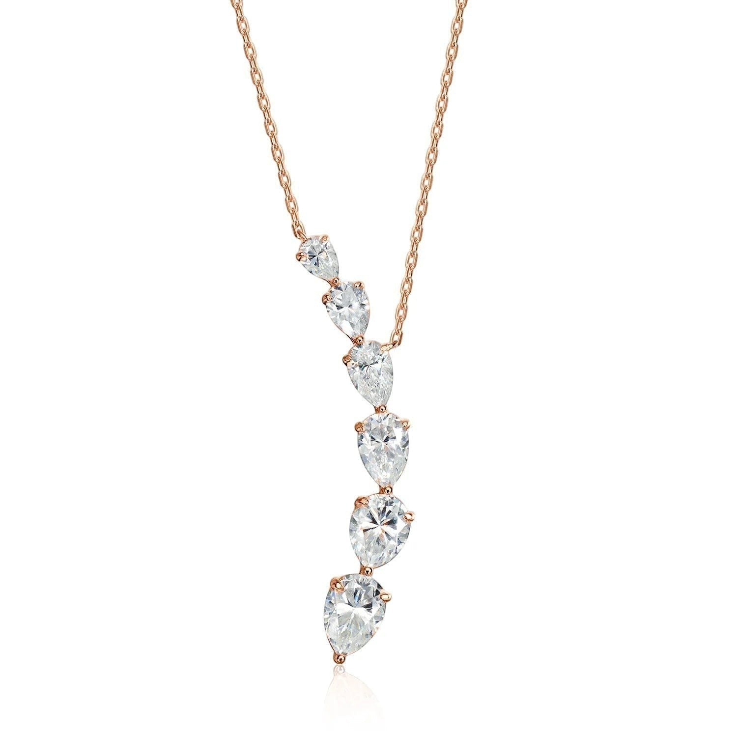 Bee-Bee's rose gold necklace with five graduated pear-cut moissanite stones in a cascading design.