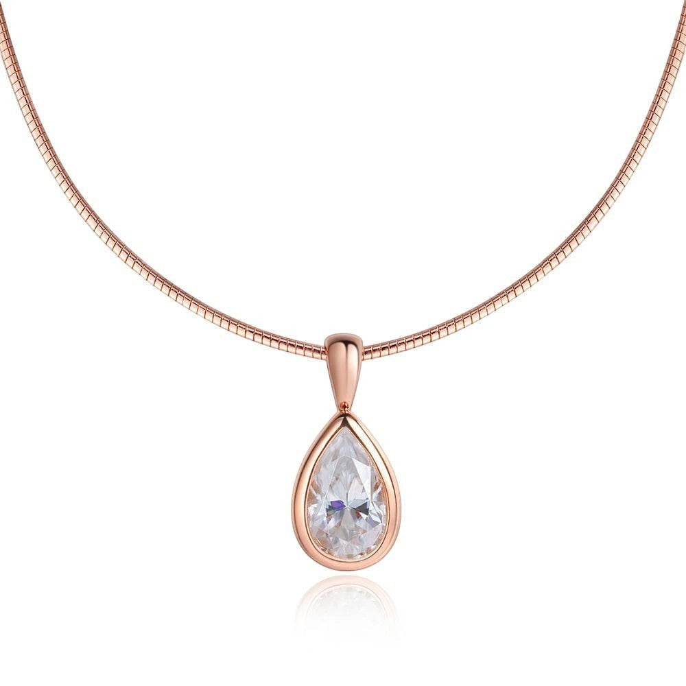 Bee-Bee's 3ct pear cut moissanite pendant necklace in rose gold plated sterling silver with D color VVS1 clarity.