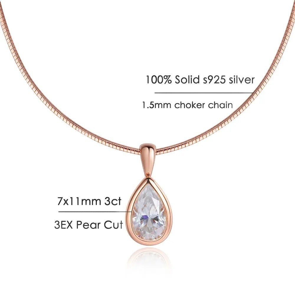 Bee-Bee's 3ct pear cut moissanite pendant necklace in rose gold plated sterling silver with a D color VVS1 clarity stone.