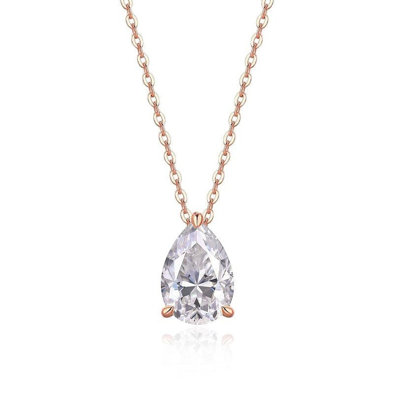 Bee-Bee's 1-5ct pear cut D color moissanite pendant necklace with rose gold chain, GRA certified.