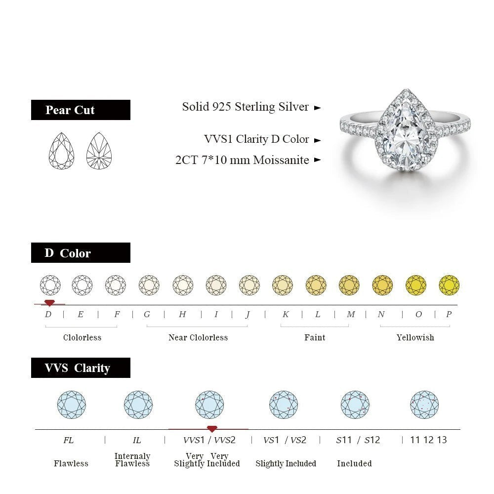 Bee-Bees 2.0CT pear cut moissanite engagement ring with VVS1 D color stone on a 925 sterling silver band