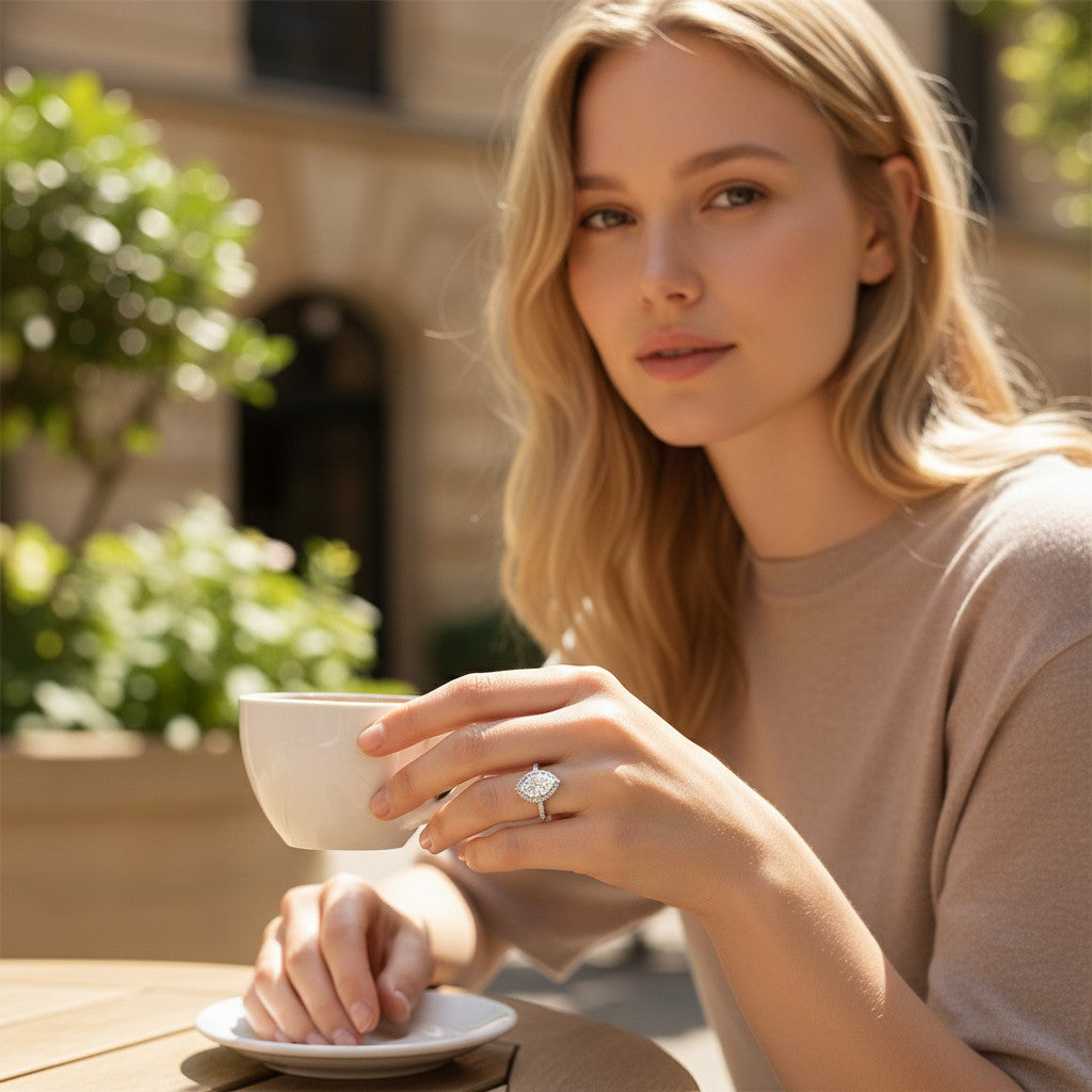 Bee-Bees 2.0CT pear cut moissanite engagement ring on a woman's hand holding a coffee cup at an outdoor cafe