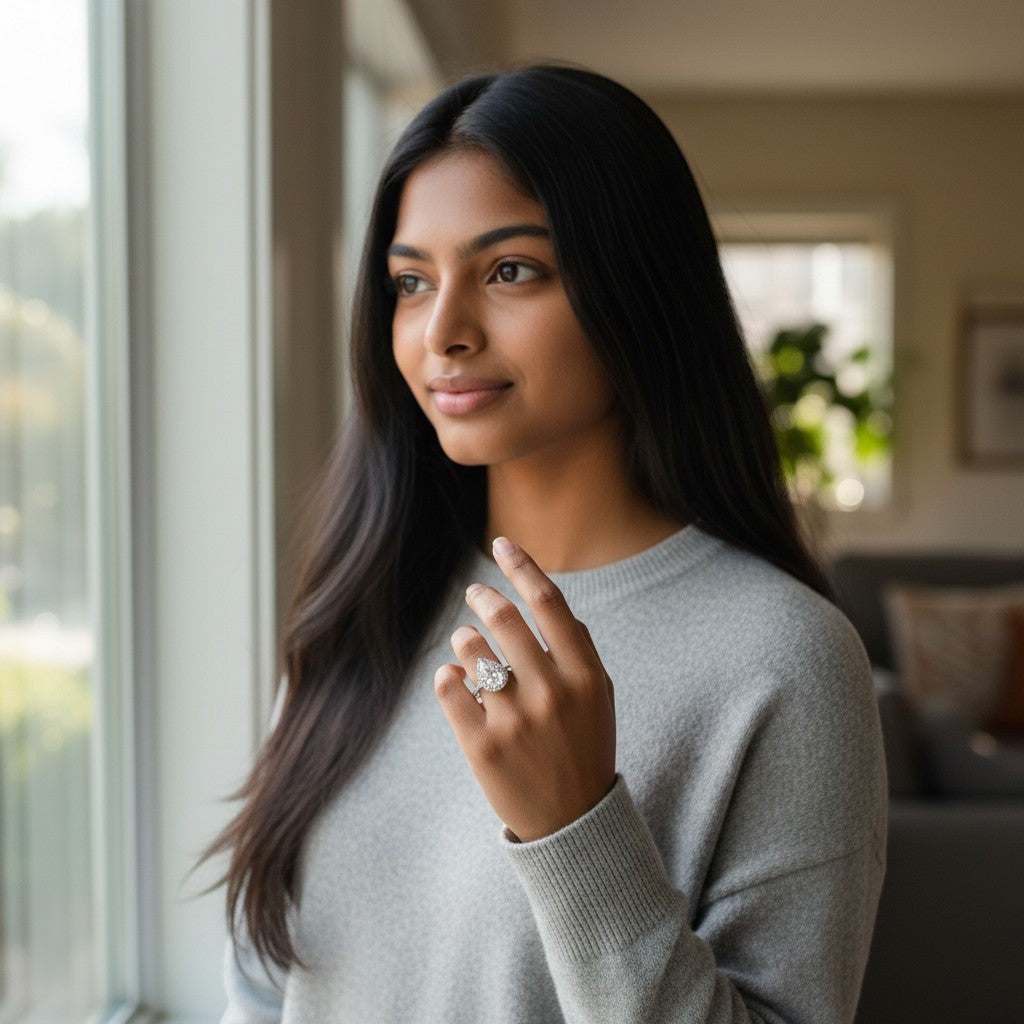 Bee-Bees 2.0CT pear cut moissanite engagement ring on a woman's finger, featuring a sterling silver band by a window.