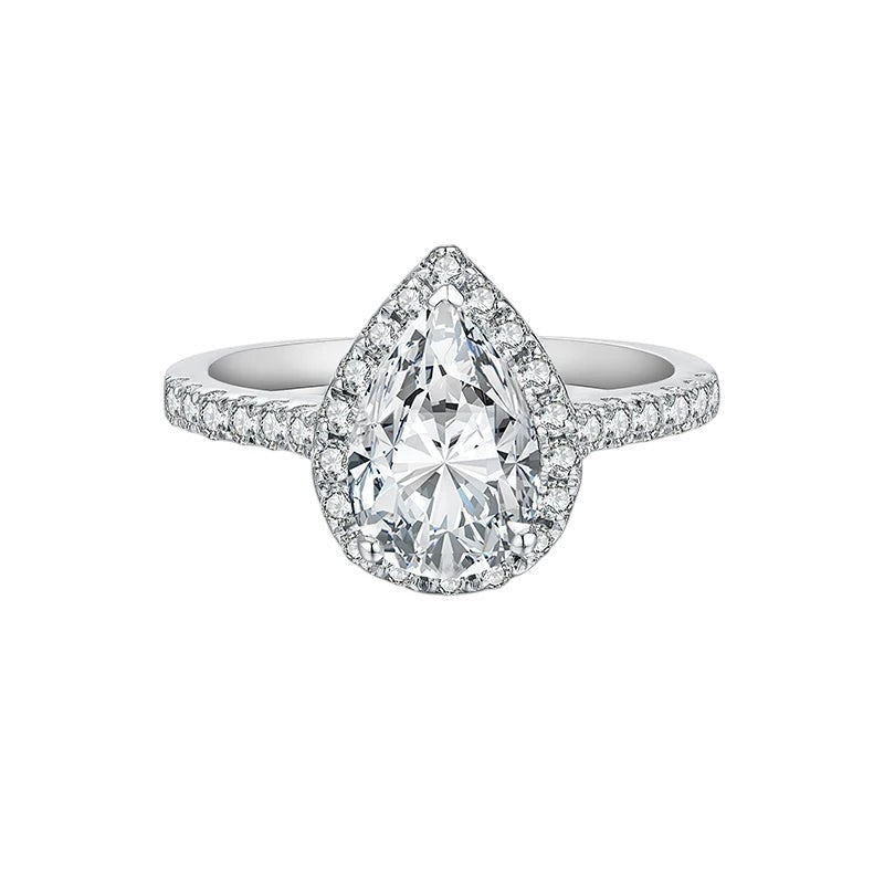 Bee-Bees 2.0ct pear cut moissanite engagement ring with a halo setting on a 925 sterling silver band.