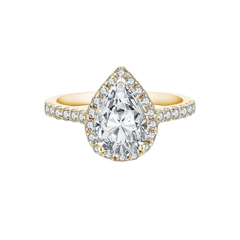 Bee-Bees 2.0ct pear cut moissanite engagement ring with a gold-plated 925 sterling silver band and halo setting.