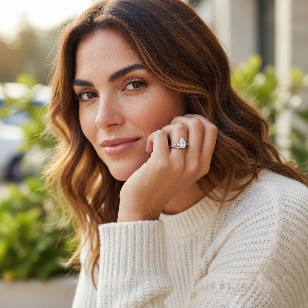 Bee-Bees 1ct pear cut moissanite engagement ring in sterling silver worn by a woman in a white sweater.