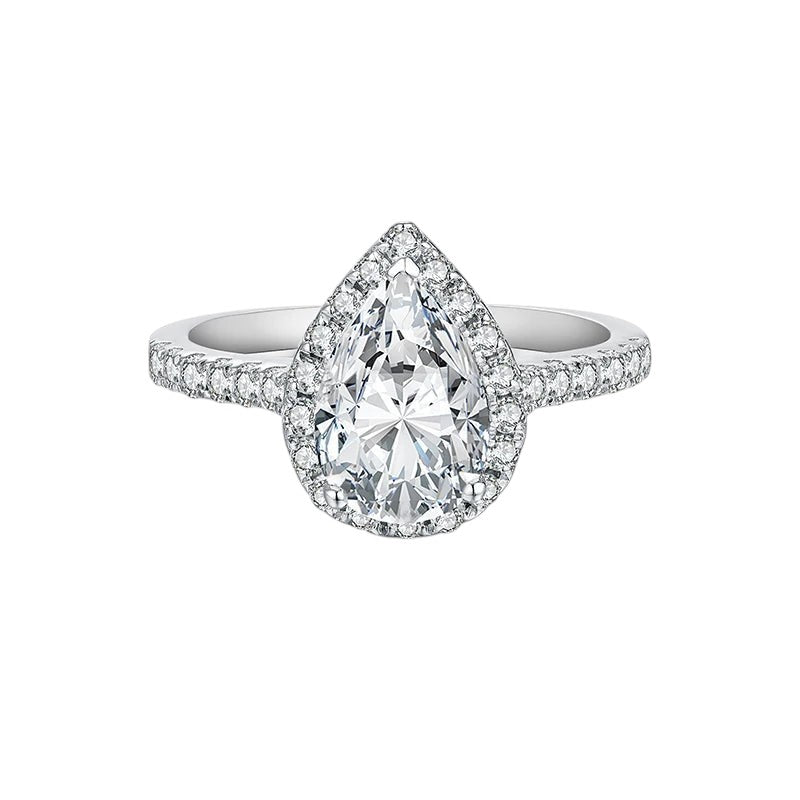 Bee-Bees 2.0ct pear cut moissanite engagement ring with a halo setting on a 925 sterling silver band.