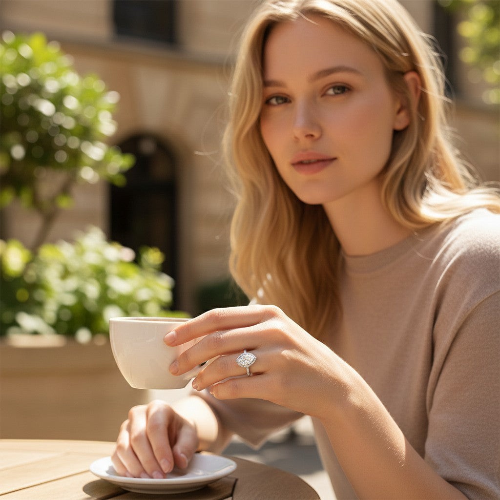 Bee-Bees 2.0CT pear cut moissanite engagement ring on a woman's hand holding a coffee cup at an outdoor cafe