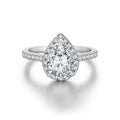 Bee-Bees 2.0ct pear cut moissanite engagement ring with a halo setting on a 925 sterling silver band.