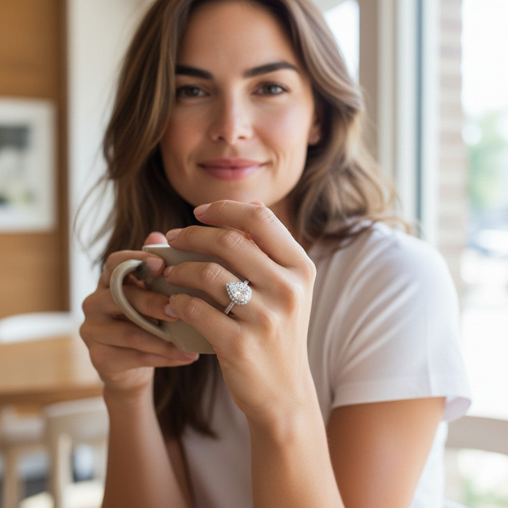 Bee-Bees 2.0CT pear cut moissanite engagement ring in 925 silver worn by a woman holding a coffee mug
