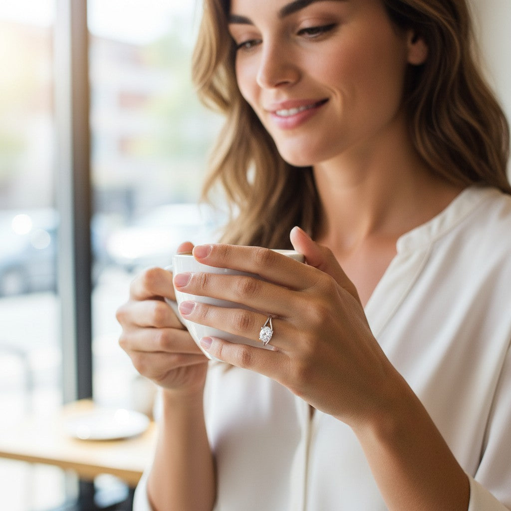 Bee-Bees 1ct pear cut moissanite engagement ring in s925 sterling silver worn by a woman holding a coffee cup