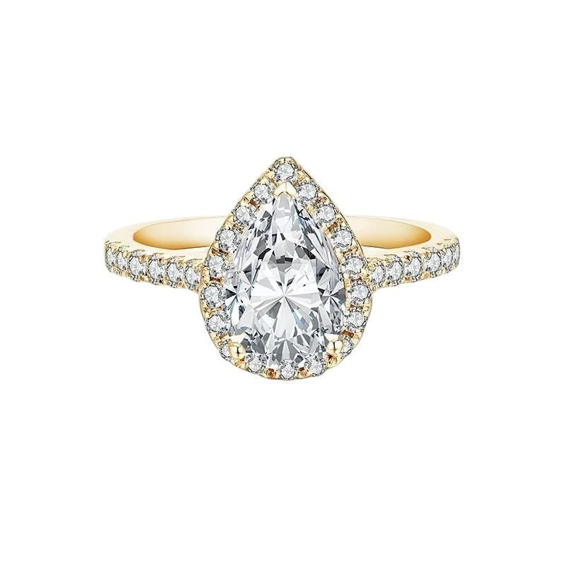 Bee-Bees 2.0ct pear cut moissanite engagement ring with a gold-plated 925 sterling silver band and halo setting.