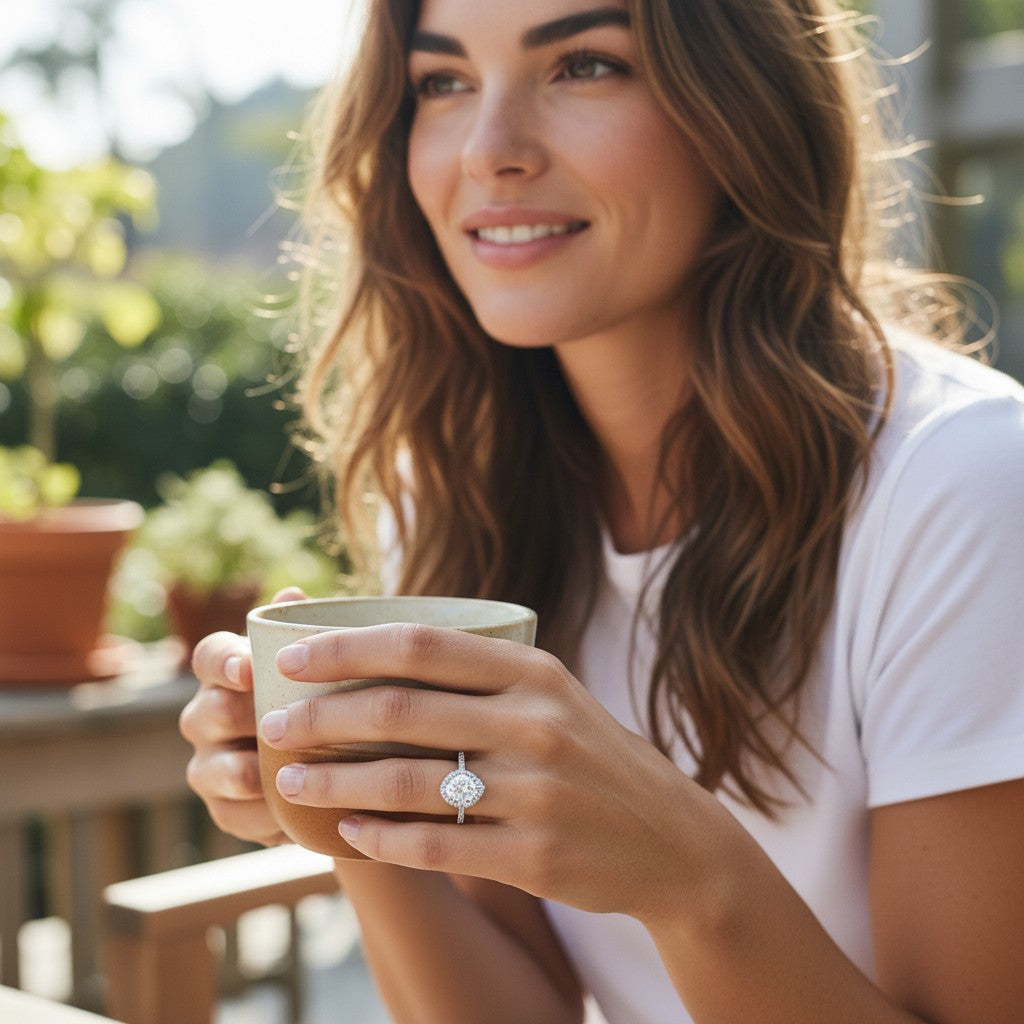 Bee-Bees 2.0CT pear cut moissanite engagement ring on a woman holding a ceramic mug in a sunny outdoor setting.