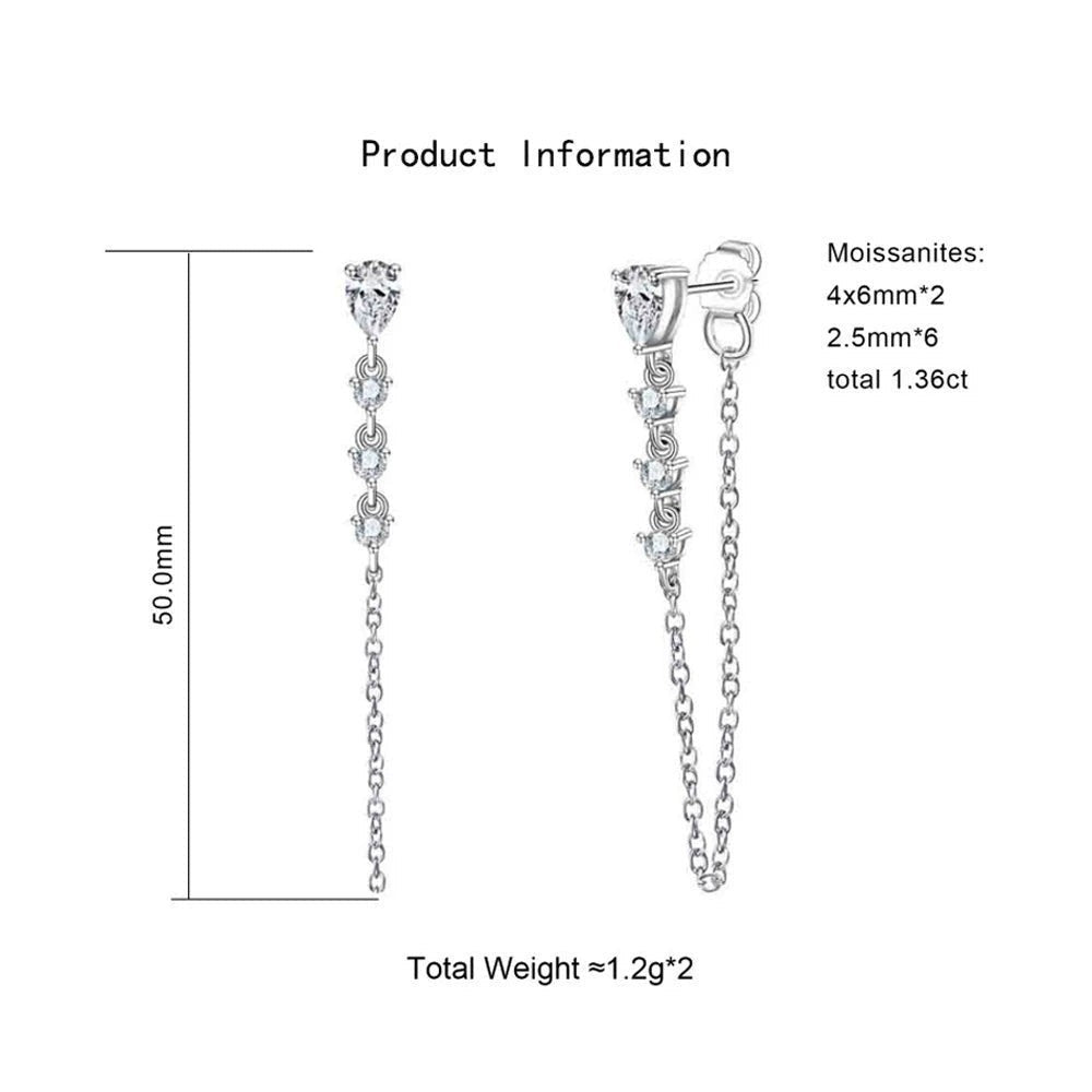 Bee-Bees Pear cut moissanite tassel drop earrings in S925 silver with GRA certification. 50mm length.