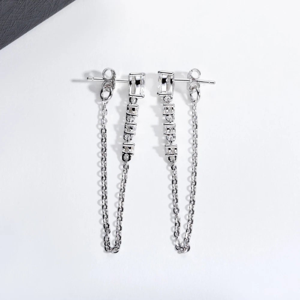 Bee-Bees Pear cut moissanite tassel drop earrings in S925 silver with chain detail.
