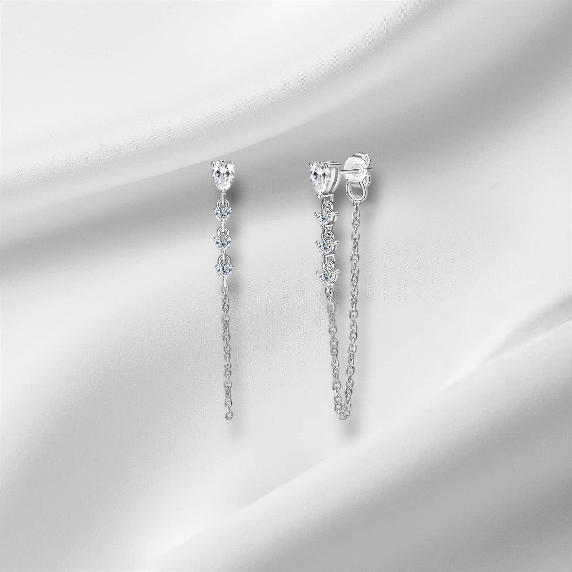 Bee-Bees pear cut moissanite tassel drop earrings in S925 silver with GRA certification.